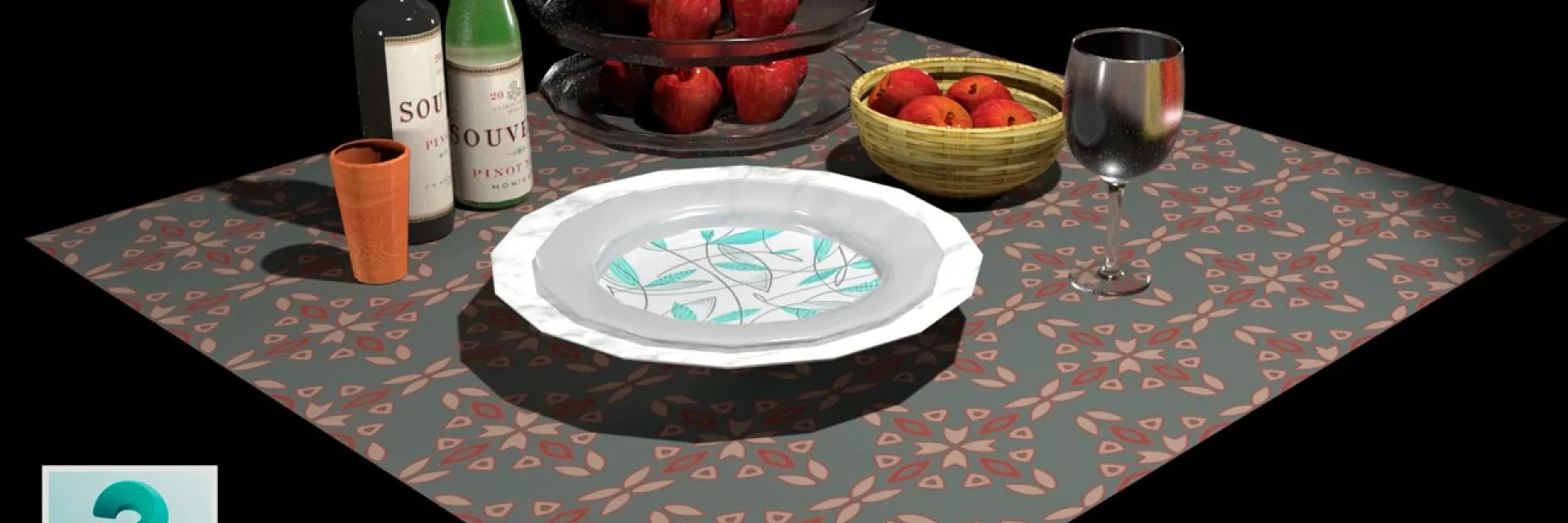 Mantel de cocina, con un plato, copa de vino, fruta y dos botellas