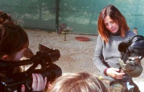 Una mujer exhibe un cuervo mientras alumnos de producción y realización Imagen y Sonido graban para un mini documental.