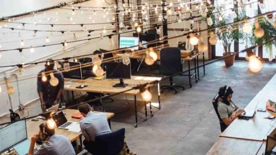 Alumnos estudiando los grados medios con mas salidas en una oficina diáfana. 