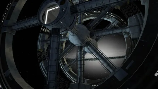 Imagen de estructura futurística en el espacio creada con una herramienta para Animación 3D.