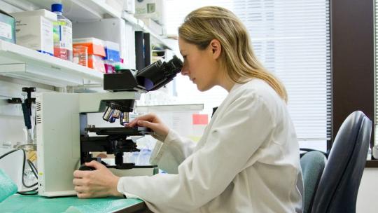 Técnica especialista trabajando con un microscopio en un laboratorio.