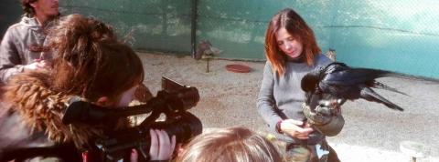 Una mujer exhibe un cuervo mientras alumnos de producción y realización Imagen y Sonido graban para un mini documental.