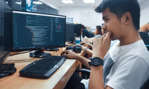 Chico joven delante de una pantalla del ordenador programano